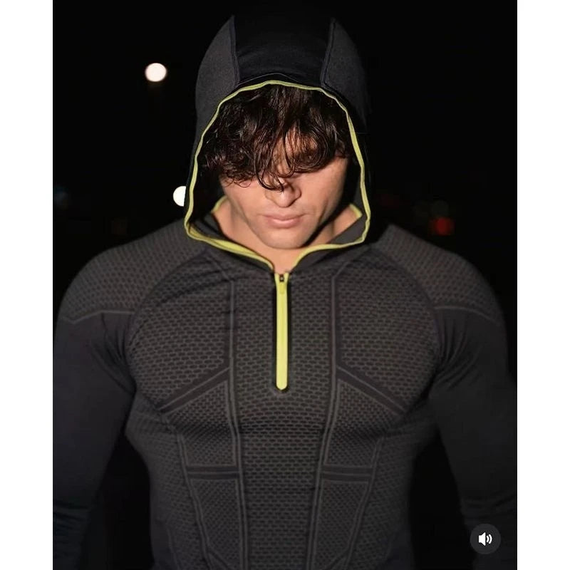 Men's Quick Dry Breathable Slim Fit Elastic Hooded Zipper Long Sleeve Fitness T-Shirt for Gym Sports Casual
