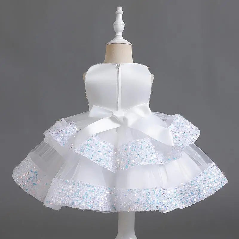 Sommer Neue Perlen Fliege Pailletten Mesh Kinder Ärmelloses Abendkleid Schule Abschlussfeier Multi Layered Kleid.