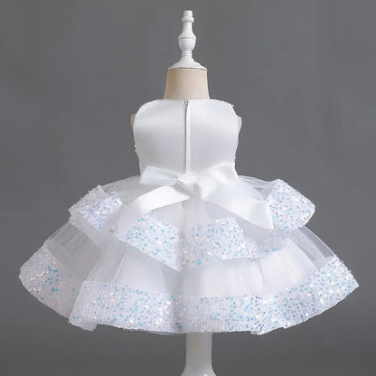 Sommer Neue Perlen Fliege Pailletten Mesh Kinder Ärmelloses Abendkleid Schule Abschlussfeier Multi Layered Kleid.