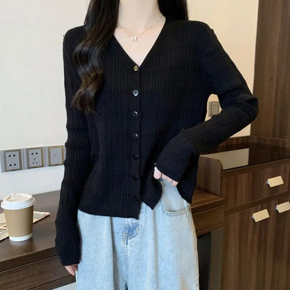 Women's Long-sleeved Button Cardigan Solid Color Casual Loose Fashion Top.