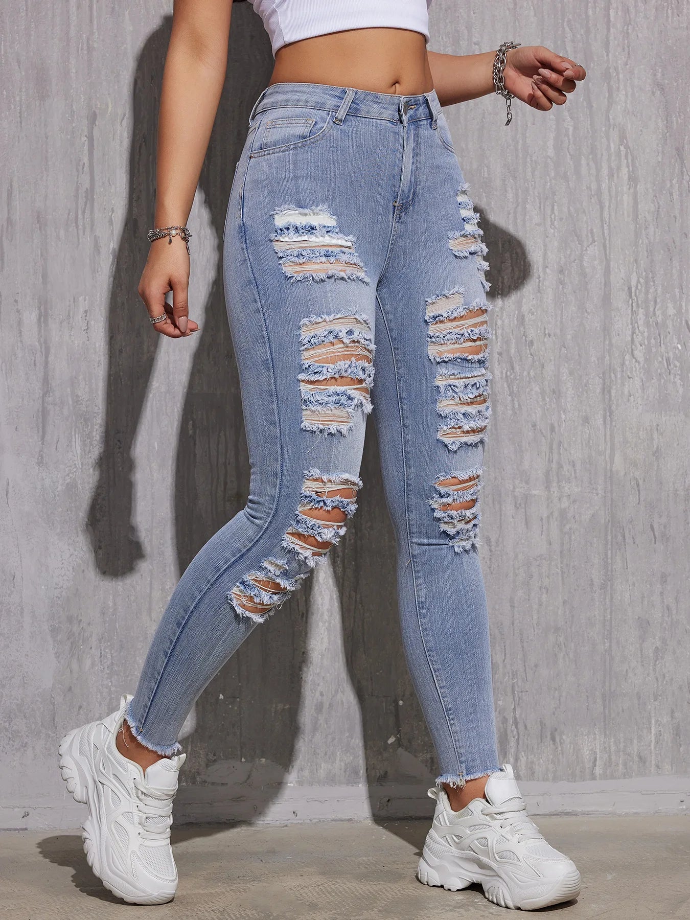 2025, Frühlings-Röhrenjeans mit hoher Taille für Damen – Stretch-zerrissene hellblaue Denim-Hose, knöchellange Slim-Fit-Freizeithose XS-XXL.