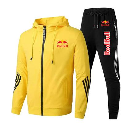 2025 Red Bull Brand Logo Printed Men's Zipper Hoodie With Casual Trousers Cycling Sports Two-piece Solid Color Simple Men's Suit.