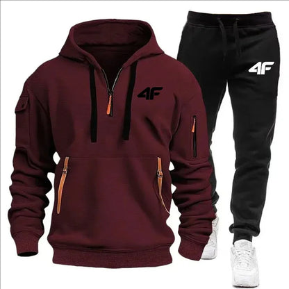 Autumn and winter casual jogging sportswear with zipper hood and multiple pockets, 2-piece set, large-sized S-3XL men's suit.
