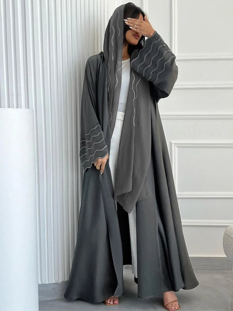 Ramadan Eid Women Gray Black Dubai Khimar Abaya Islam Muslim Kimono Hijab Dress Set Kebaya Kaftan Djellaba Robe Femme Musulmane.