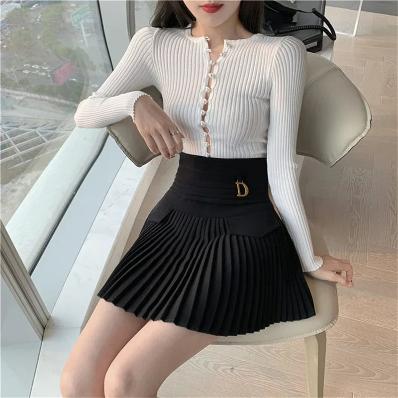 White Pleated Skirt Women  High Waist Skater Skirt Female Korean A-Line High Fashion Casual Short Skirt Women Bottoms.