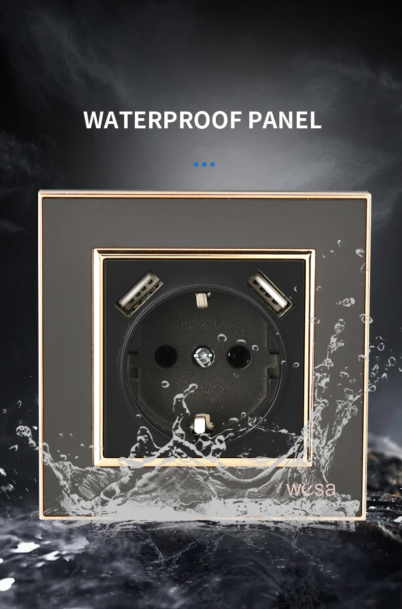 WESA Schwarze Spiegel-Acryl-Steckdose mit 2 USB-Steckdosen nach EU-Standard, Standard-Erdungsstecker, Steckdose, flammhemmend.