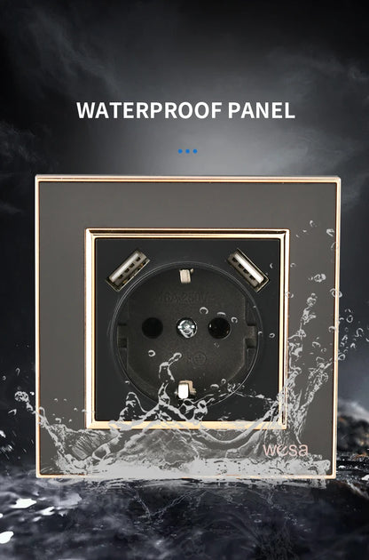 WESA Schwarze Spiegel-Acryl-Steckdose mit 2 USB-Steckdosen nach EU-Standard, Standard-Erdungsstecker, Steckdose, flammhemmend.