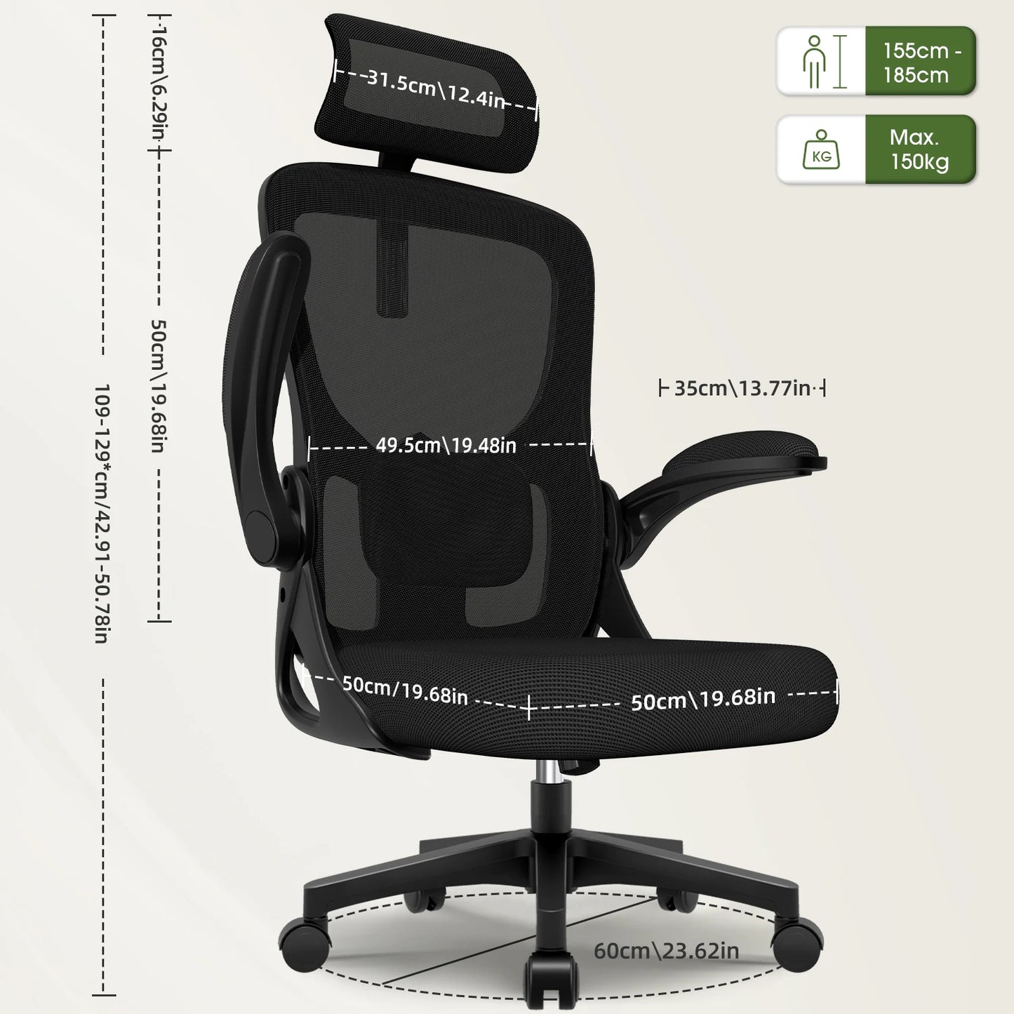 AUTHMIC Ergonomischer Bürostuhl, verstellbare Netzrückenlehne, verstellbare Lordosenstütze, hochdichter Schaumstoffsitz, Heimarbeitskomfort