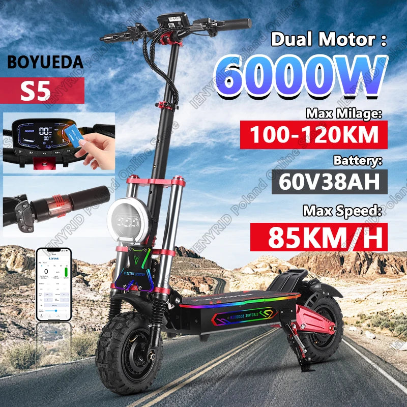 BOYUEDA S5 Electric Scooter 6000W Dual Motor 60V38Ah NFC Activation Scooters Electric 11" Off-Road Tire Bluetooth Connectivity.