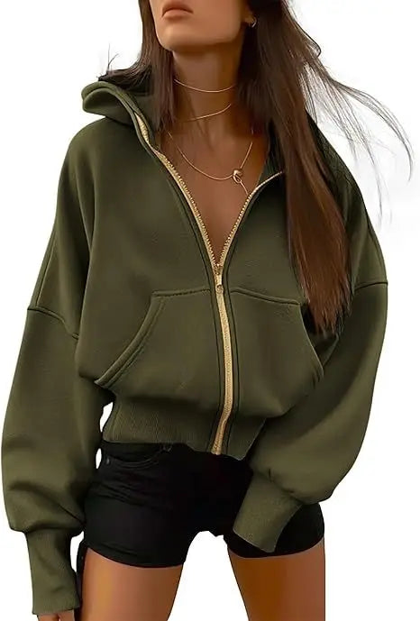 New Solid Color Zipper Splicing Hooded Coat, Women's Autumn Leisure Loose Sports Hooded Long Sleeve Coat Sweatshirt.