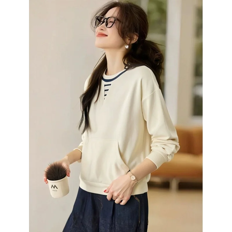 Apricot Round Neck Contrast Long Sleeve Womens Sweatshirt Stylish Casual Minimalist Top.