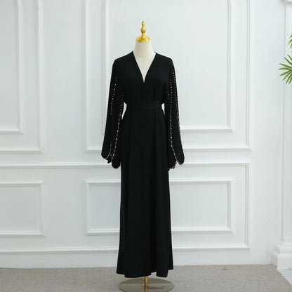 Middle Eastern Modest Dress with Pearl Sleeve for Muslim Women Ramadan Dubai Black Abaya Islam Party Jalabiya Outfit Turkey Robe.