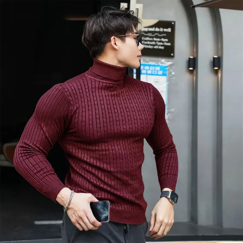 New Men's Turtleneck Sweaters Autumn Knitted Striped Streetwear Warm Long Sleeved Pullover Solid Color Basic Style Casual Tops.