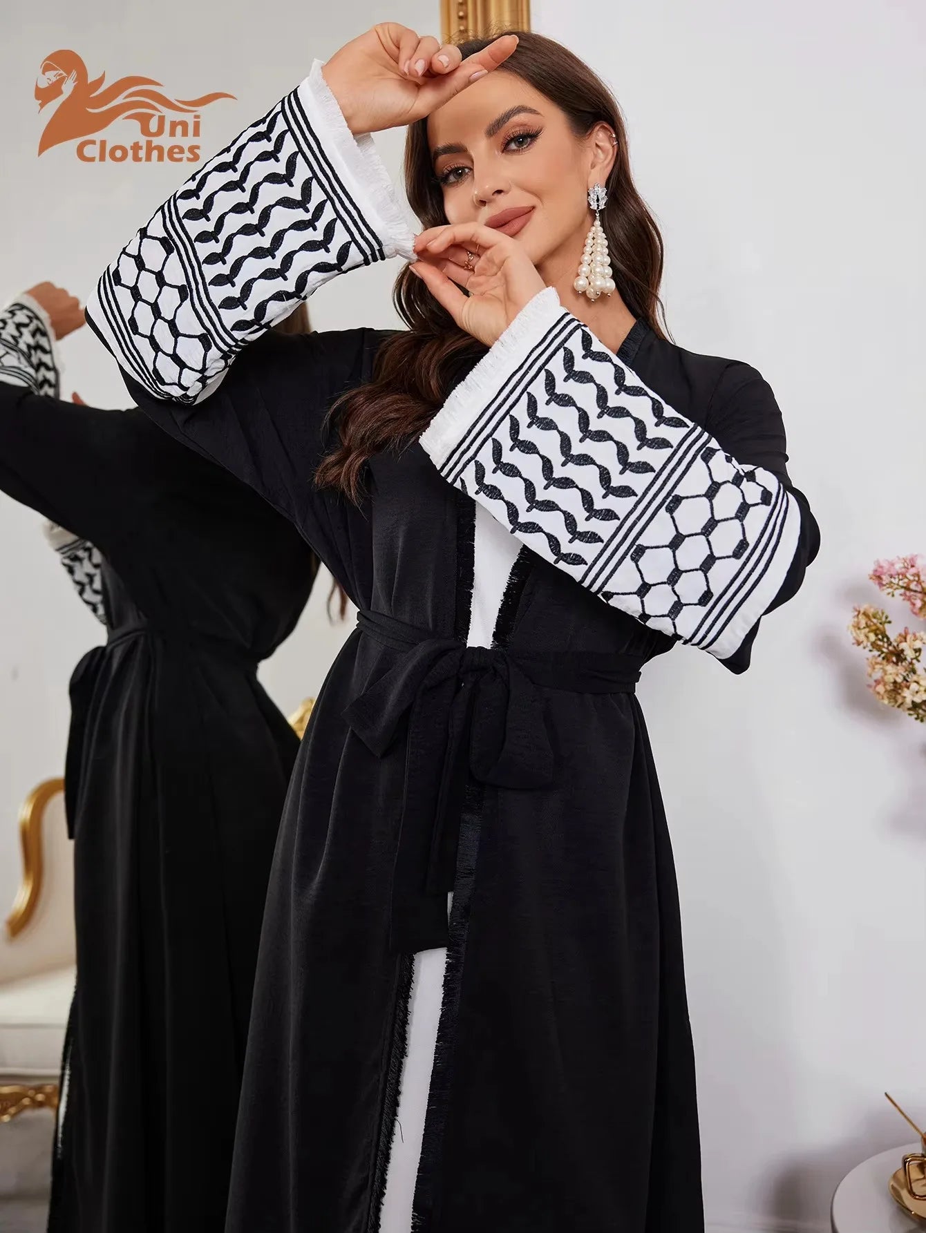 UNI 2024 Ramadan Abaya Kimono Keffiyeh Stickerei Quasten Muslimischen Offene Abayas Frauen Dubai Luxus Islam Strickjacke Kleid Kaftan.