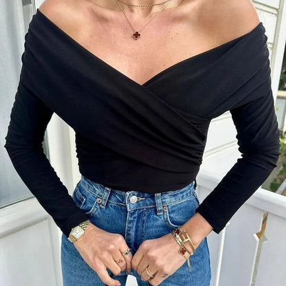New Solid Sexy Off Shoulder Bodysuits Women Fashion Crossed Folds Skinny Rompers Long Sleeve Fashion Streetwear Autumn Bodysuits.