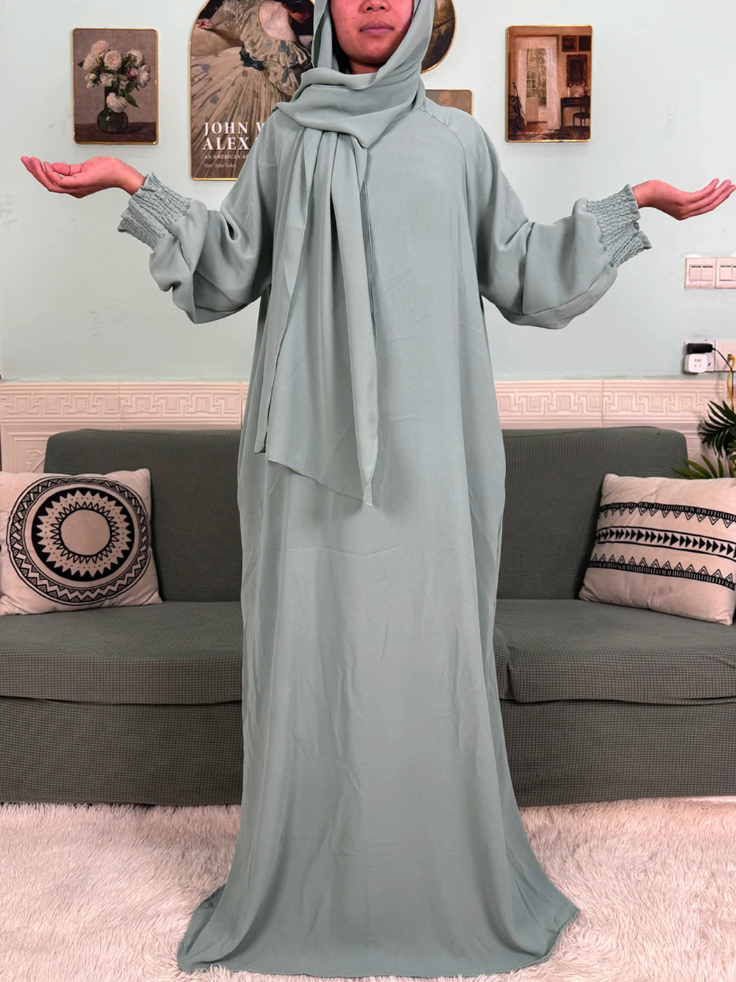 Muslim Abaya Ramadan 2025 For Women Pure Cotton Loose Prayer Femme Robe Elastic Cuffs African Dress With Connected Hijabs Scarf.