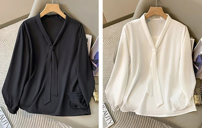 Loose Long Sleeve V-Neck Work Shirt for Women Plus Size Women's Blouses Fashion Versatile Autumn Bow Tops Trendy Business Shirts.