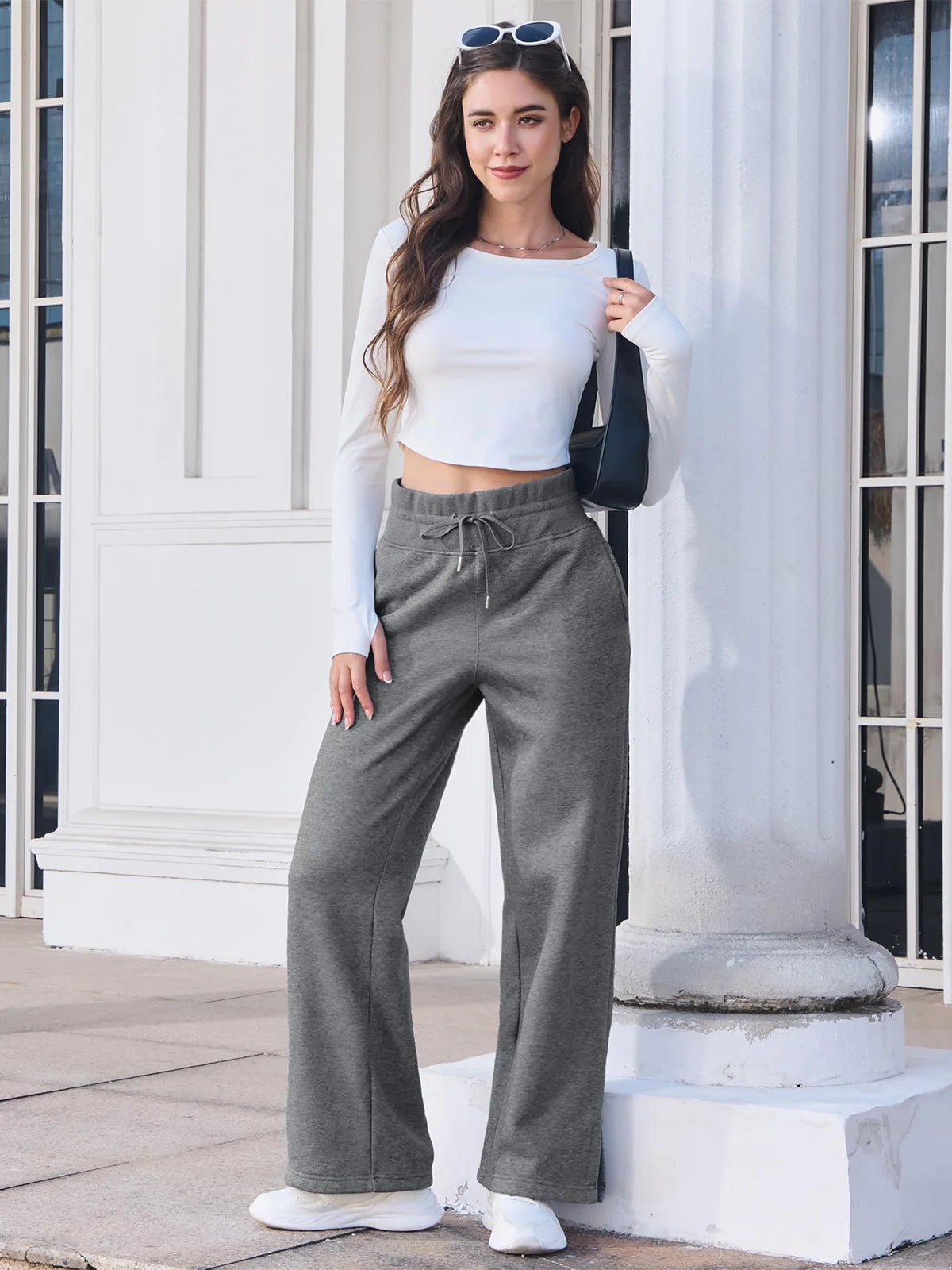 TACVASEN Fleece Hose mit weitem Bein Damenmode hoch taillierte Jogging hose Lounge hose weiche warme Winter Baggy Hose Streetwear