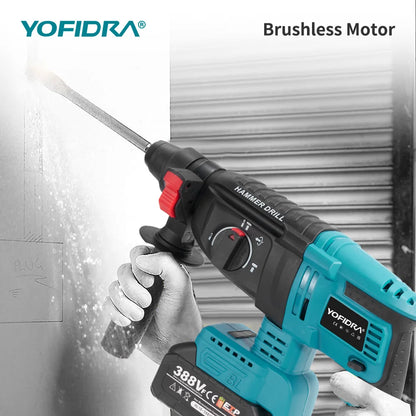 YOFIDRA Bürstenloser elektrischer Hammer-Schlagbohrschrauber, 26 mm, kabelloser Holzbearbeitungs-Schlagbohrschrauber, Elektrowerkzeug-Set für Makita 18 V Akku-Pin