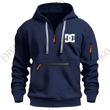 New men's hooded sportswear for autumn and winter 2025, long-sleeved multi-zipper pocket outdoor fishing casual pullover.