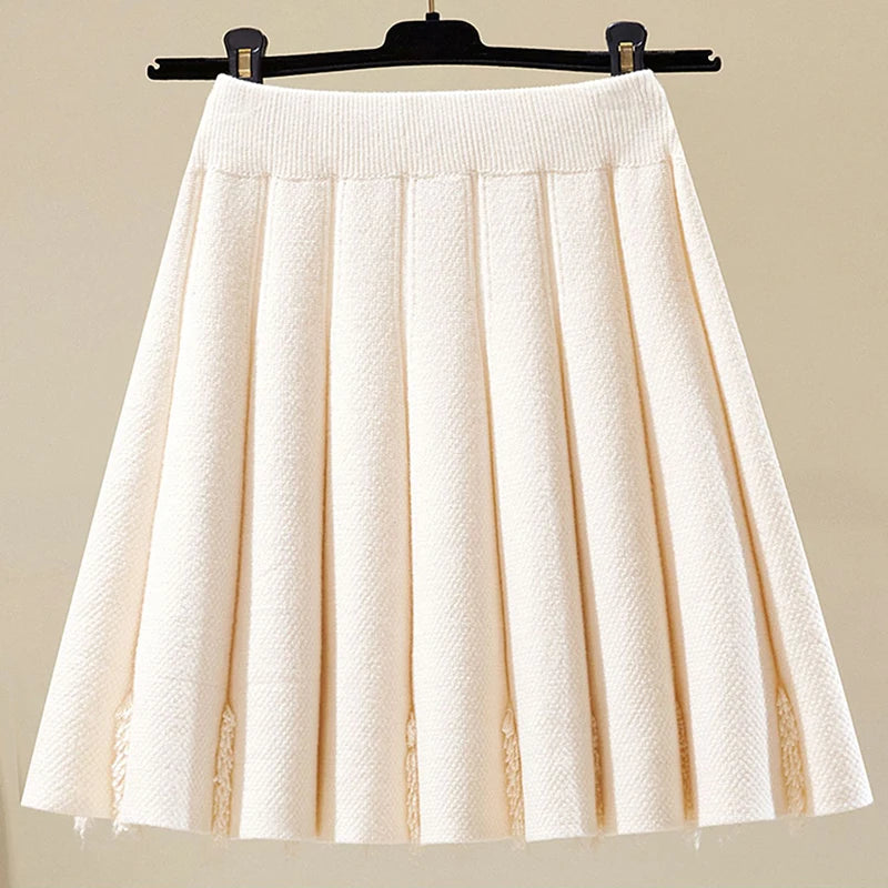 All Match Knitting Short Pleated Skirt Women Autumn Winter 2025 High Waist Mini Skirts Woman Casual Solid Thick A Line Skirts.