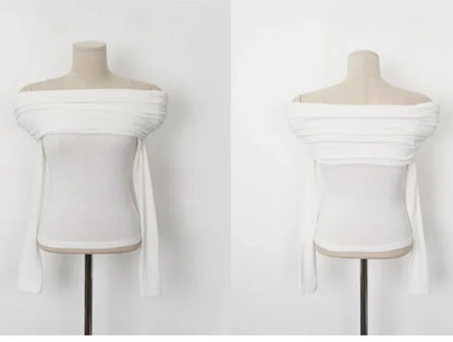 Korean Dongdaemun Spring Summer New Style Elegant One Shoulder Pleated Thin Long Sleeve Slimming Fit Cotton T-Shirt.