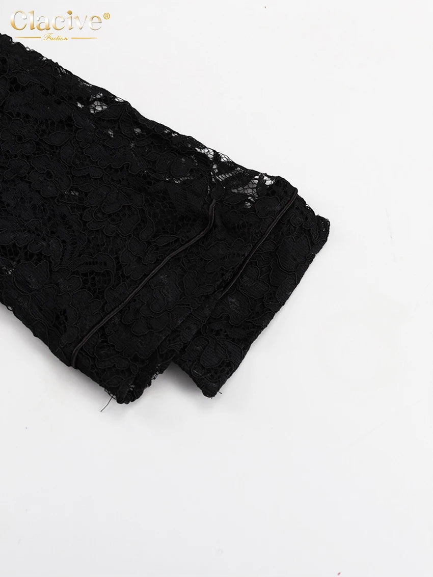 Clacive Sexy Loose Black Lace See Through Trousers Sets Women 2 Pieces Fashion Long Sleeve Shirt With High Waist Wide Pants Set.