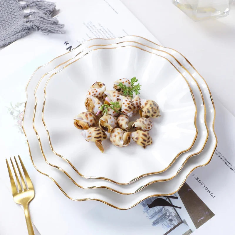 European Golden edged ceramic plate creative home serving plate special-shaped ceramic cutlery dinner plates fruit snack plates.