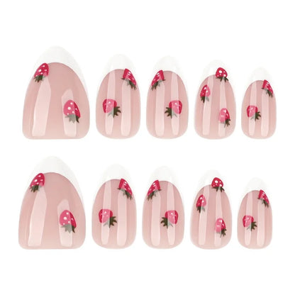 24 Pcs French White Press on Nails Cute Short Almond Self-nail Strawberry Decorations for Nail Tips False Nails with Sticky Tabs.