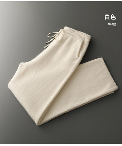 4PINK Thickened 100% Pure Cashmere Pants Men High Waist Knitted Wide Leg Pants Solid Color Lace Up Straight Pants Elastic Waist