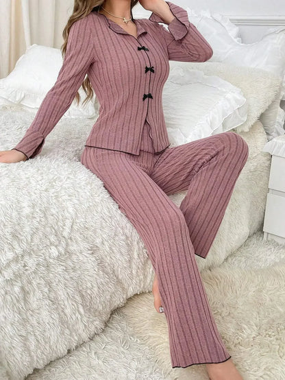 Autumn Winter Warm Pajamas Set for Woman Sleepwear Lapel Bow Fashion Sexy Long Sleeve Tops and Trousers Home Suit.