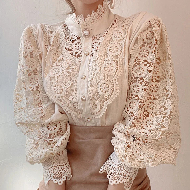 Fashion Long Sleeve Women Blouse Hollow Out Lace Blouse Shirt Tops Women Blusas Mujer De Moda 2024 Blouses Femme Women Shirts.