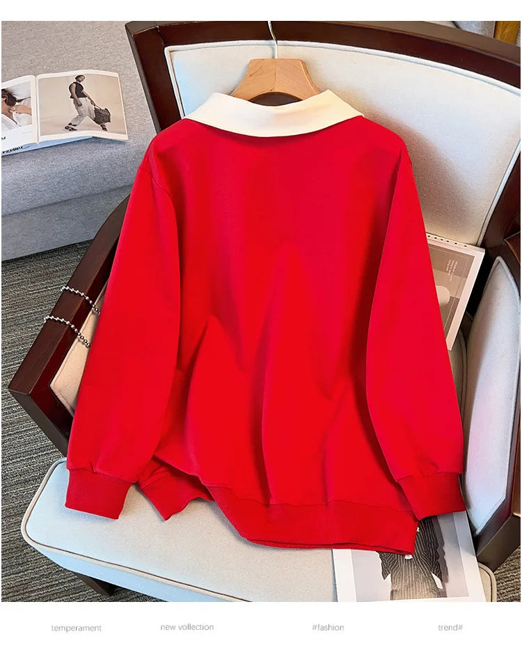 170kg plus size Damen büste Herbst lose Revers Langarm Sweatshirt schwarz rot 6xl 7xl 8xl 9xl 10xl 11xl.