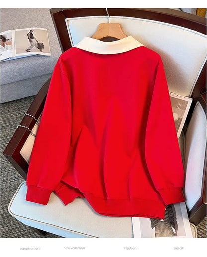 170kg plus size Damen büste Herbst lose Revers Langarm Sweatshirt schwarz rot 6xl 7xl 8xl 9xl 10xl 11xl.