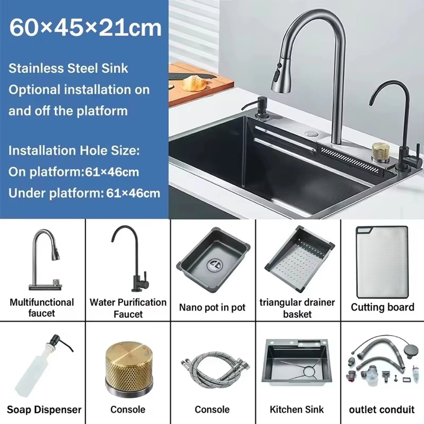 304 Stainless Steel  Multifunctional Kitchen Sink Faucet Set Rainfall Spout Pull Out Sprayer Pure Tap Cold Hot Water Mixer