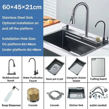 304 Stainless Steel  Multifunctional Kitchen Sink Faucet Set Rainfall Spout Pull Out Sprayer Pure Tap Cold Hot Water Mixer