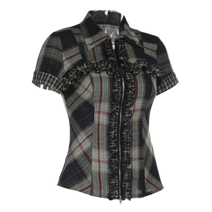 Summer Women Short Sleeve Crop Shirt Gyaru Plaid Blouse Coquette Y2k 2000s Tops Design Gyaru Harajuku Vintage Tide New In 2025.