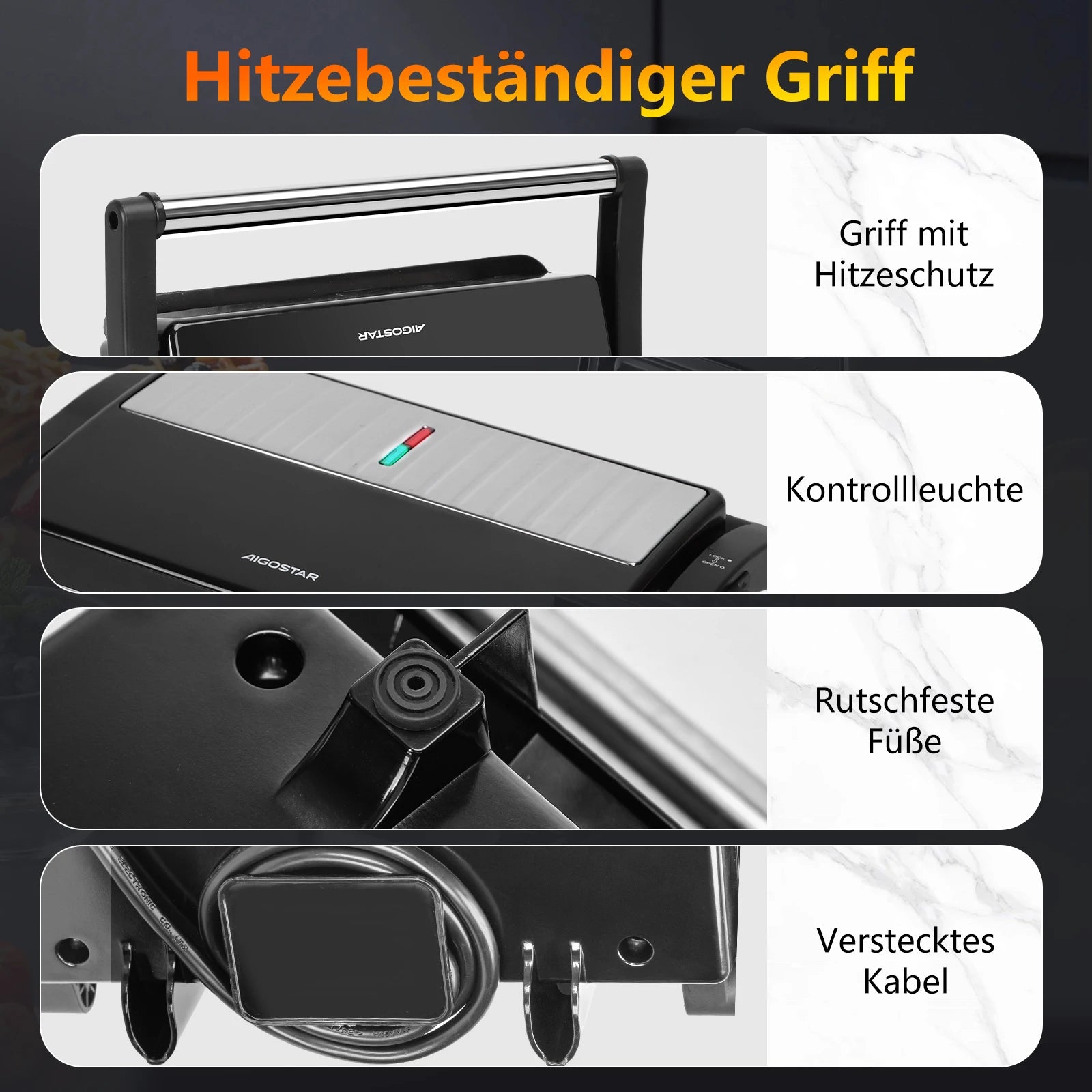 Aigostar Contact Grill for Sandwiches, Steak, Panini Grill and Sandwich Maker with Non-Stick Coating, 1000W, 23 X 14.5cm.