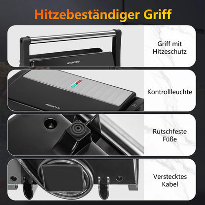 Aigostar Contact Grill for Sandwiches, Steak, Panini Grill and Sandwich Maker with Non-Stick Coating, 1000W, 23 X 14.5cm.