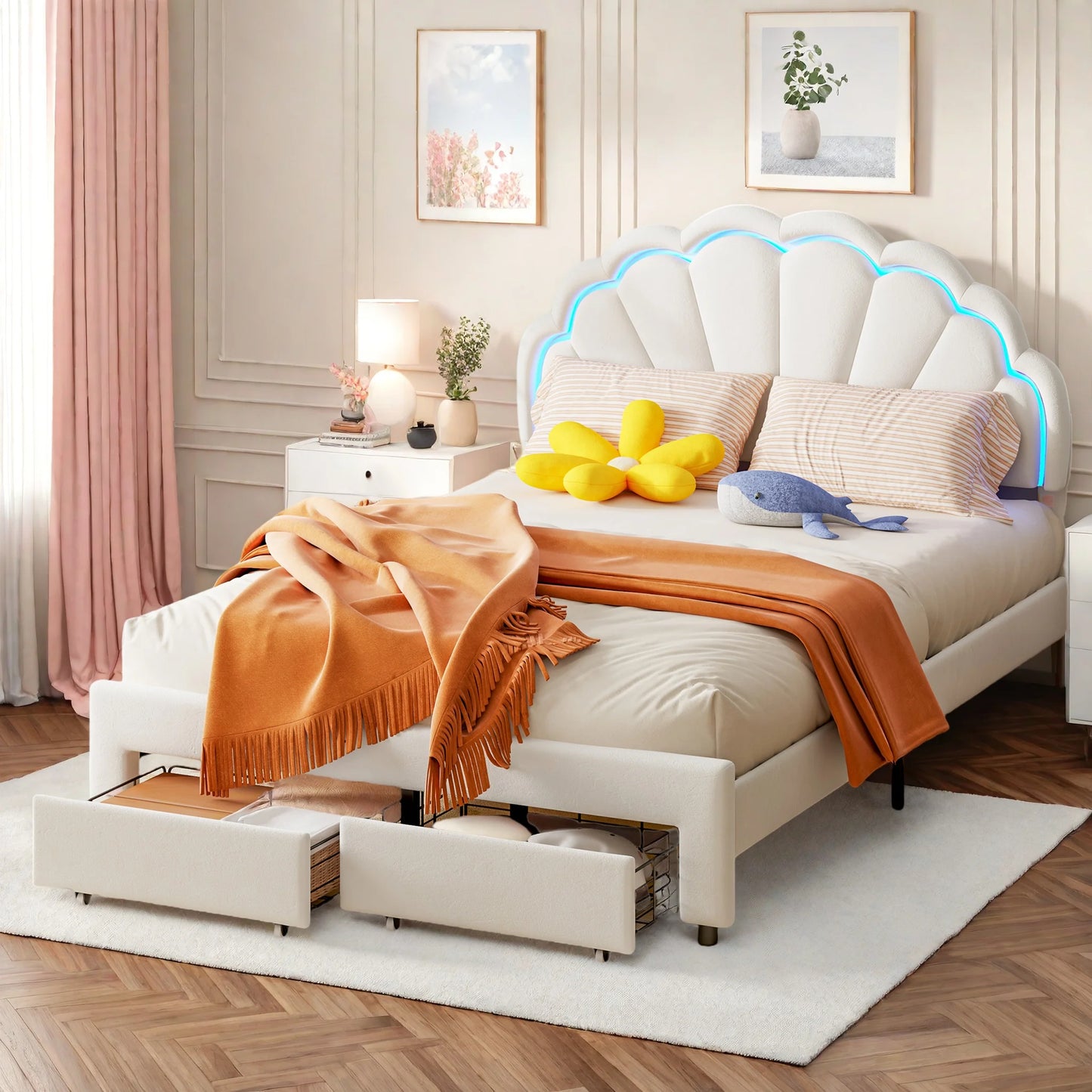 Rosahqnda gepolsterter Bettrahmen mit blumenförmigem Kopfteil, Bettrahmen, Einzelbett, Blütenblattbett, Jugendbett für Jungen und Mädchen