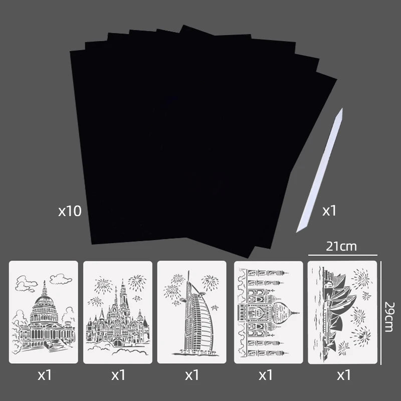 Scratch Art Paper Set 10 Sheets 5 Stencil Templates World Landmarks Animal DIY Kit Creative Painting Craft Magic Toy Kids Gift