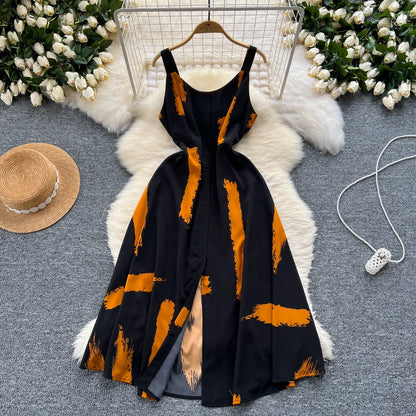 Neue Sommer Druck Süße Kleid Träger O Neck Backless Split Elegante Damen Urlaub Strand Party Midi Sommerkleid