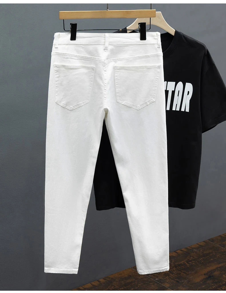 Men's Jeans Spring Summer Thin Slim Fit Elastic Cotton Soft Straight Denim Ankle Length Pants Korean Youth Fashion Trousers.
