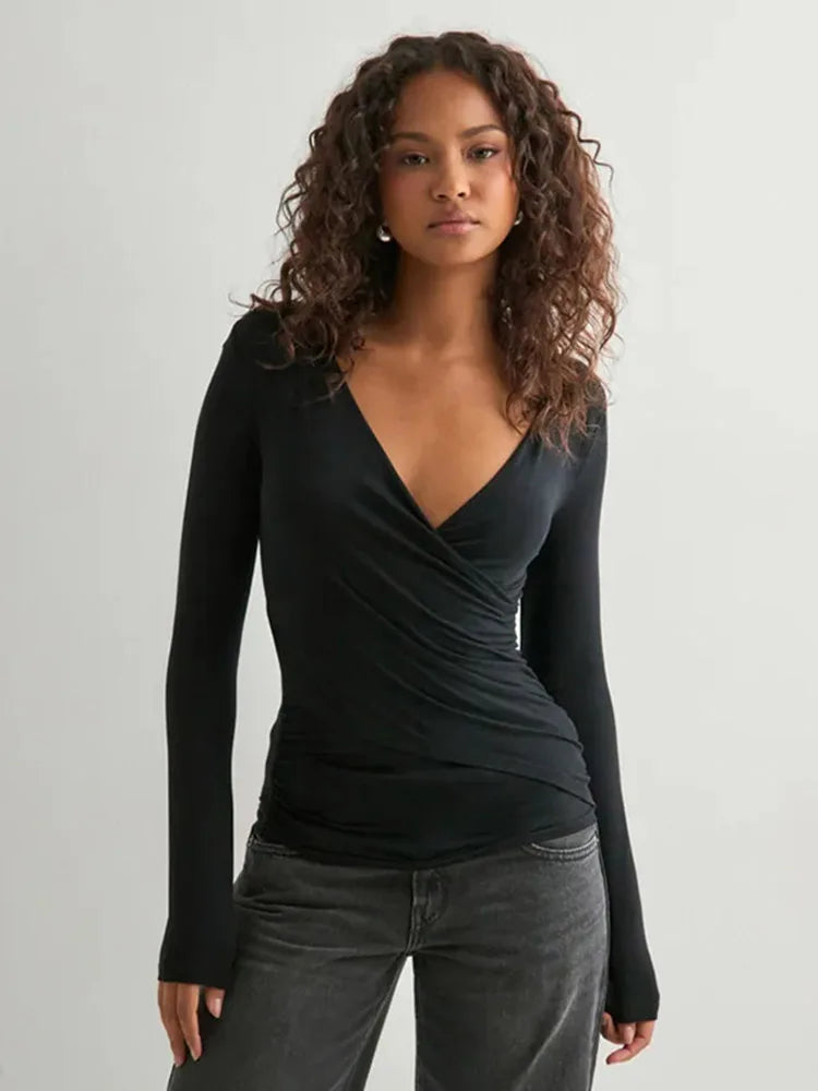 Sexy Solid Color V-neck Long Sleeved T-shirt Top Waist Cinching 2025 Trendy Casual Top for Women