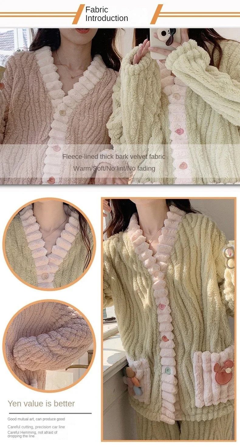 Verdickte Warme Flanell Frauen Nachtwäsche Loungewear Strickjacke Anzug Winter Süße Kawaii Weiche Fee Wind Damen Pyjamas Homewear.
