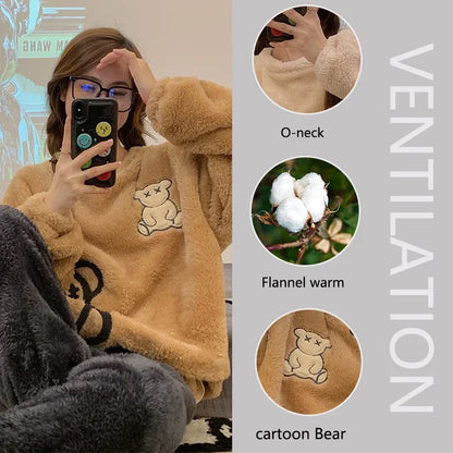 Verdickte warme Flanell-Damen-Nachtwäsche, Homewear für den Winter, O-Ausschnitt, Tops und Hosen, Nachtwäsche, Loungewear, zweiteiliges Set, Pyjamas.