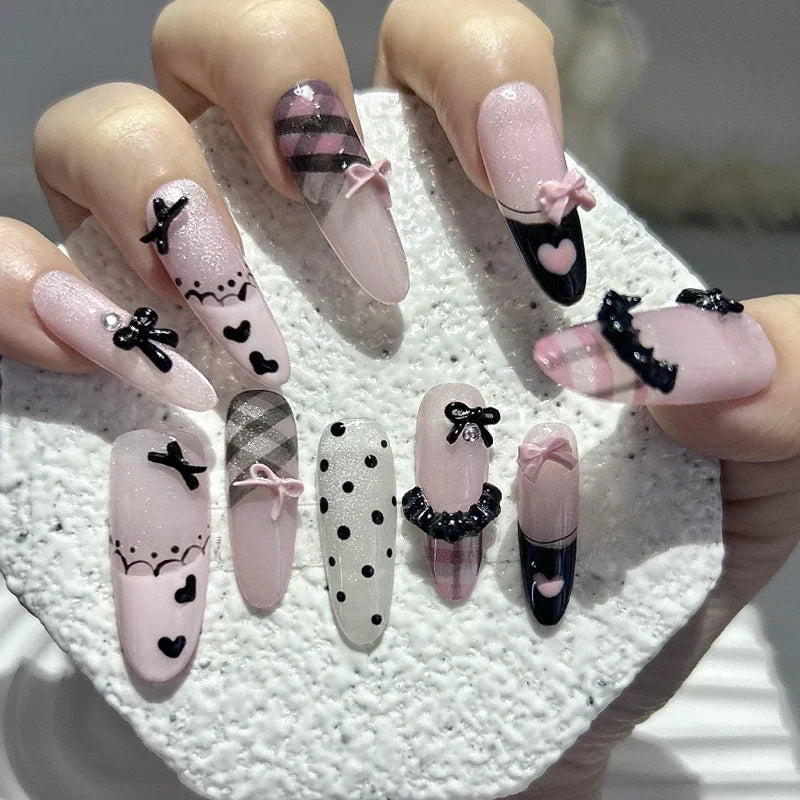 Black Pink Sweet French Almond Handmade Press On Nails Grid Polka Dot Love Skirt Ballet Fake Nails Princess Cute Bow Nail Art.