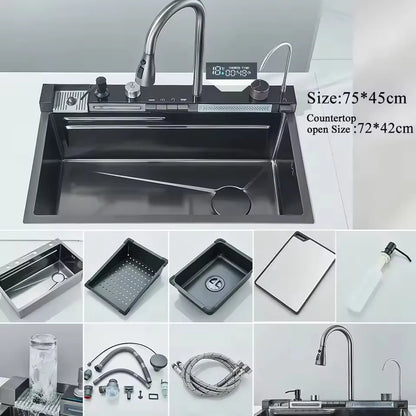 Stainless Steel Kitchen Sink with Hot Cold Pull Out Kitchen Sink Faucets Digital Large Single Bowl Waterfall Rain Kitchen Sinks