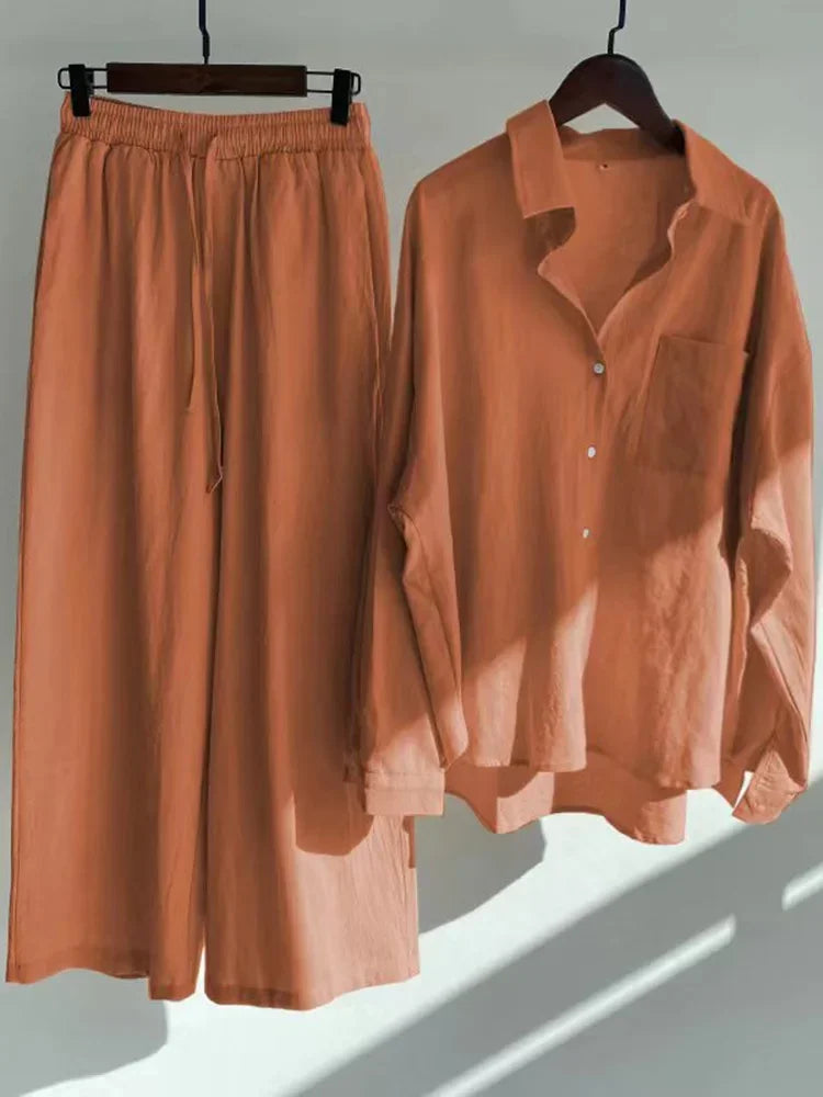 Pants Set Women Shirts Wide Leg Elastic Waist Cotton Linen Casual Sets Elegant Loose Long Sleeve Lapel Spring Shirt Y2k Suit