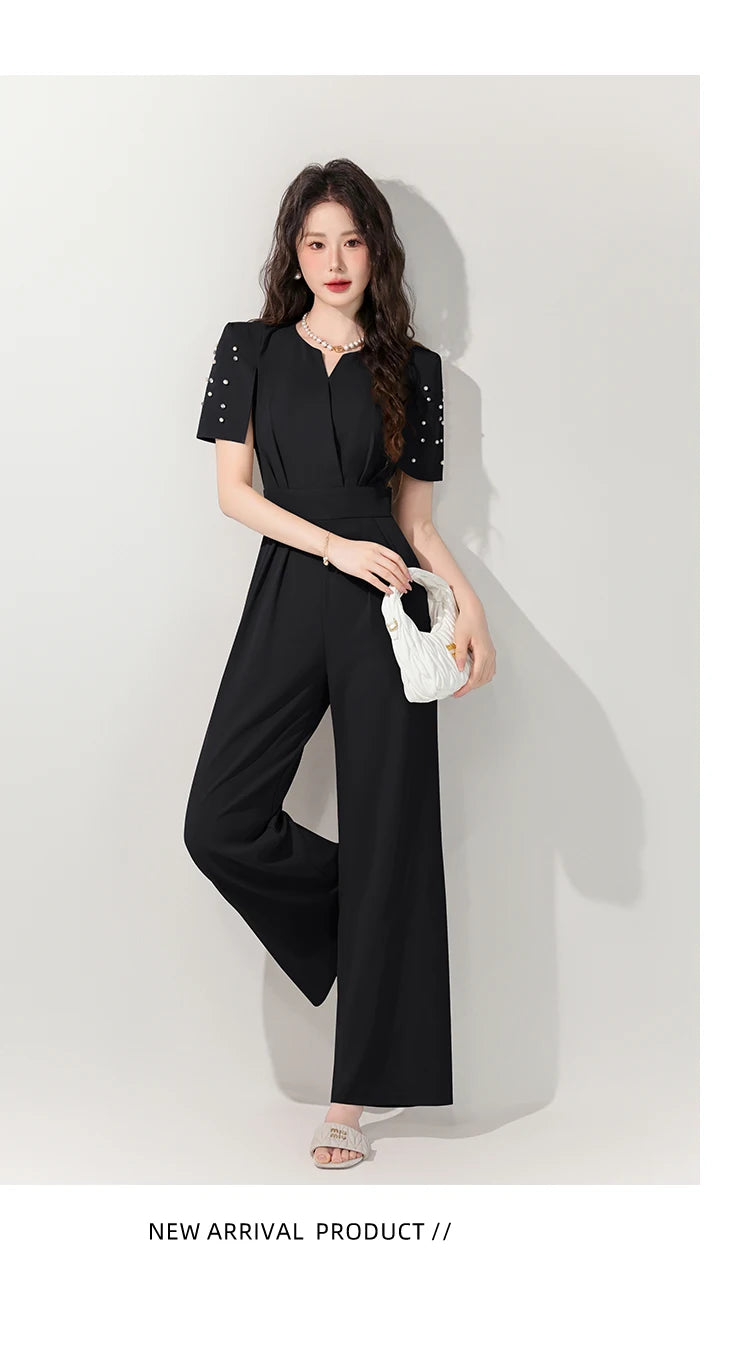 Women's Luxury Diamond-Studded Jumpsuit – Slim Fit Wide Leg Palazzo Pants, Autumn Short Sleeve Romper with High Waist.